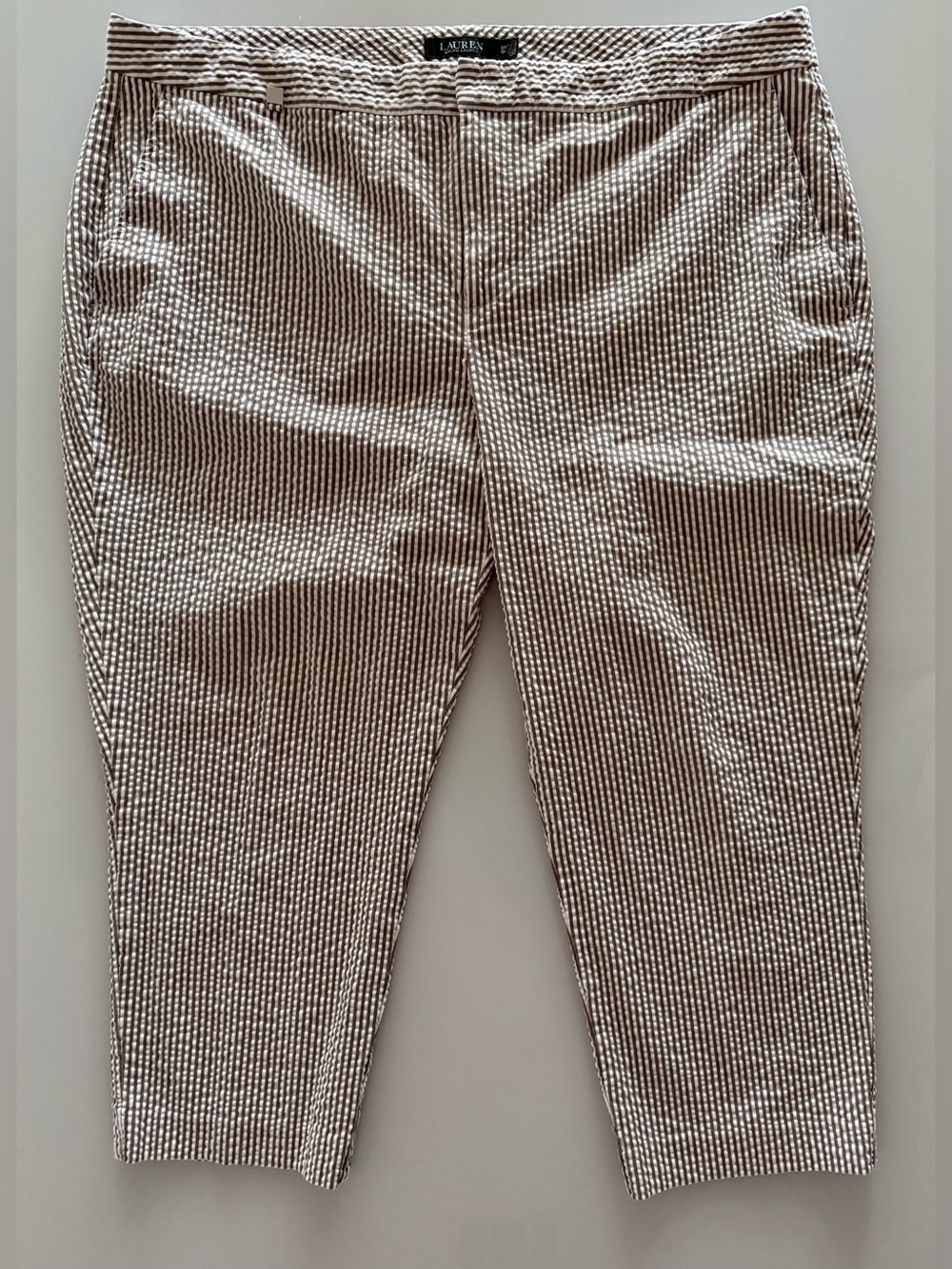 Lauren Ralph Lauren Sage Moss Green Seersucker Striped Cropped Pants Size 18 EUC